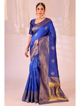 Nyri - New Trendy Silk Blend Banarasi Woven Designer Saree With Unstitched Blouse - Blue