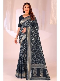 Nyri - New Trendy Silk Blend Banarasi Woven Designer Saree With Unstitched Blouse - Black