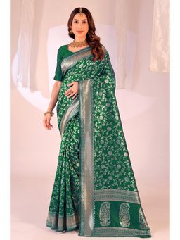 Nyri - New Trendy Silk Blend Banarasi Woven Designer Saree With Unstitched Blouse - Green