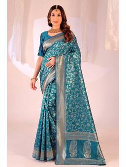 Nyri - New Trendy Silk Blend Banarasi Woven Designer Saree With Unstitched Blouse - Blue