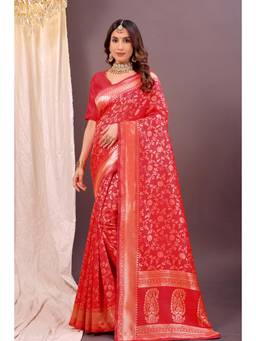 Nyri - New Trendy Silk Blend Banarasi Woven Designer Saree With Unstitched Blouse - Maroon