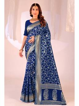 Nyri - New Trendy Silk Blend Banarasi Woven Designer Saree With Unstitched Blouse - Navy Blue