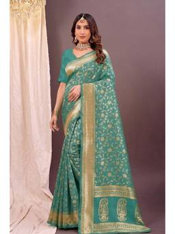 Nyri - New Trendy Silk Blend Banarasi Woven Designer Saree With Unstitched Blouse - Turquoise