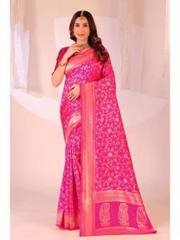 Nyri - New Trendy Silk Blend Banarasi Woven Designer Saree With Unstitched Blouse - Pink