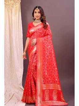 Nyri - New Trendy Silk Blend Banarasi Woven Designer Saree With Unstitched Blouse - Red
