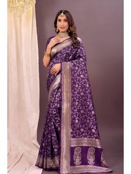 Nyri - New Trendy Silk Blend Banarasi Woven Designer Saree With Unstitched Blouse - Purple