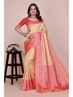 Nyri - New Trendy Silk Blend Banarasi Woven Designer Saree With Unstitched Blouse - Beige