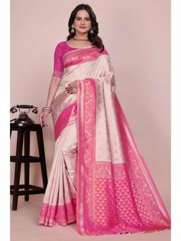 Nyri - New Trendy Silk Blend Banarasi Woven Designer Saree With Unstitched Blouse - Pink