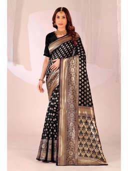 Nyri - New Trendy Silk Blend Banarasi Woven Designer Saree With Unstitched Blouse - Black
