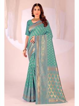 Nyri - New Trendy Silk Blend Banarasi Woven Designer Saree With Unstitched Blouse - Turquoise