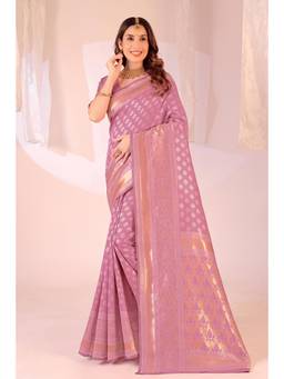 Nyri - New Trendy Silk Blend Banarasi Woven Designer Saree With Unstitched Blouse - Lavender