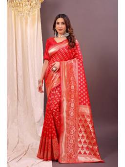 Nyri - New Trendy Silk Blend Banarasi Woven Designer Saree With Unstitched Blouse - Red