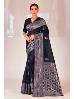 Nyri - New Trendy Silk Blend Banarasi Woven Designer Saree With Unstitched Blouse - Black
