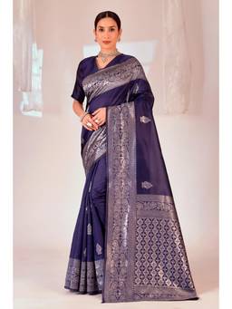 Nyri - New Trendy Silk Blend Banarasi Woven Designer Saree With Unstitched Blouse - Navy Blue