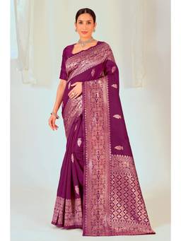 Nyri - New Trendy Silk Blend Banarasi Woven Designer Saree With Unstitched Blouse - Wine