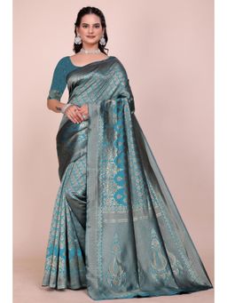 Nyri - New Trendy Silk Blend Banarasi Woven Designer Saree With Unstitched Blouse - Turquoise
