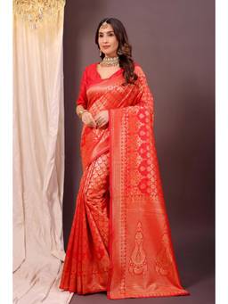 Nyri - New Trendy Silk Blend Banarasi Woven Designer Saree With Unstitched Blouse - Red