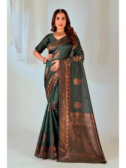 Nyri - New Trendy Silk Blend Banarasi Woven Designer Saree With Unstitched Blouse - Green