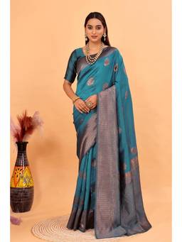 Nyri - New Trendy Silk Blend Banarasi Woven Designer Saree With Unstitched Blouse - Teal