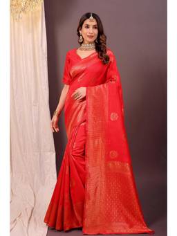 Nyri - New Trendy Silk Blend Banarasi Woven Designer Saree With Unstitched Blouse - Red