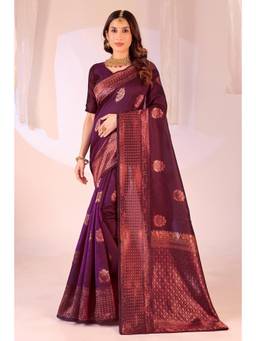 Nyri - New Trendy Silk Blend Banarasi Woven Designer Saree With Unstitched Blouse - Wine