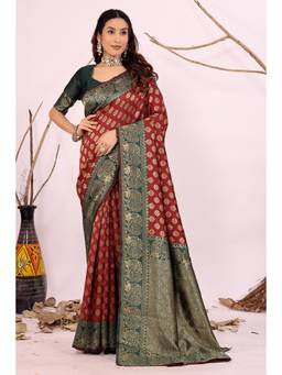Nyri - New Trendy Silk Blend Banarasi Woven Designer Saree With Unstitched Blouse - Maroon