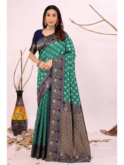 Nyri - New Trendy Silk Blend Banarasi Woven Designer Saree With Unstitched Blouse - Teal