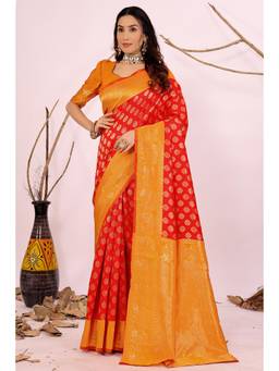 Nyri - New Trendy Silk Blend Banarasi Woven Designer Saree With Unstitched Blouse - Red