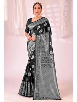 Nyri - New Trendy Silk Blend Banarasi Woven Designer Saree With Unstitched Blouse - Black