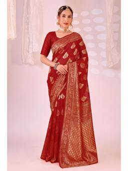 Nyri - New Trendy Silk Blend Banarasi Woven Designer Saree With Unstitched Blouse - Maroon