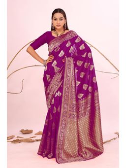 Nyri - New Trendy Silk Blend Banarasi Woven Designer Saree With Unstitched Blouse - Purple