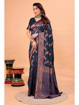 Nyri - New Trendy Silk Blend Banarasi Woven Designer Saree With Unstitched Blouse - Green