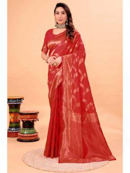 Nyri - New Trendy Silk Blend Banarasi Woven Designer Saree With Unstitched Blouse - Red
