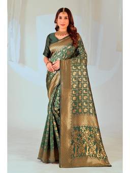 Nyri - New Trendy Silk Blend Banarasi Woven Designer Saree With Unstitched Blouse - Green