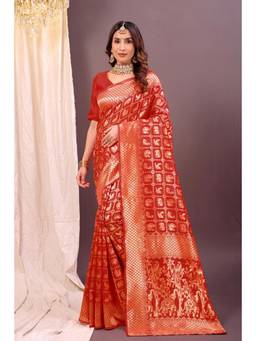 Nyri - New Trendy Silk Blend Banarasi Woven Designer Saree With Unstitched Blouse - Maroon