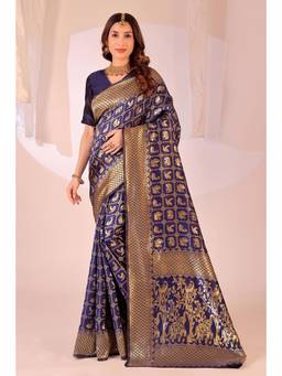 Nyri - New Trendy Silk Blend Banarasi Woven Designer Saree With Unstitched Blouse - Navy Blue