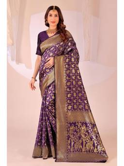 Nyri - New Trendy Silk Blend Banarasi Woven Designer Saree With Unstitched Blouse - Purple