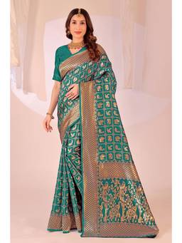 Nyri - New Trendy Silk Blend Banarasi Woven Designer Saree With Unstitched Blouse - Turquoise
