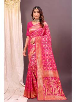 Nyri - New Trendy Silk Blend Banarasi Woven Designer Saree With Unstitched Blouse - Pink