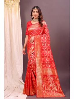 Nyri - New Trendy Silk Blend Banarasi Woven Designer Saree With Unstitched Blouse - Red