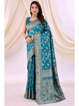 Nyri - New Trendy Silk Blend Banarasi Woven Designer Saree With Unstitched Blouse - Blue