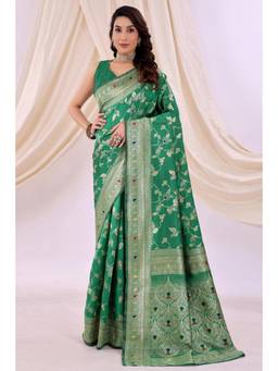 Nyri - New Trendy Silk Blend Banarasi Woven Designer Saree With Unstitched Blouse - Green