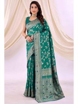 Nyri - New Trendy Silk Blend Banarasi Woven Designer Saree With Unstitched Blouse - Green