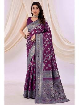 Nyri - New Trendy Silk Blend Banarasi Woven Designer Saree With Unstitched Blouse - Wine