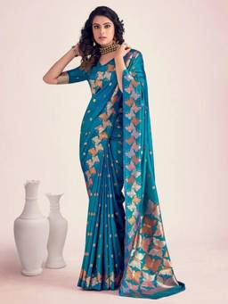 Nyri - New Trendy Silk Blend Banarasi Woven Designer Saree With Unstitched Blouse - Teal