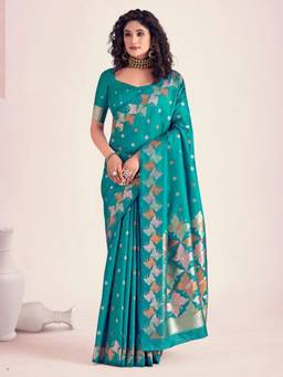 Nyri - New Trendy Silk Blend Banarasi Woven Designer Saree With Unstitched Blouse - Turquoise