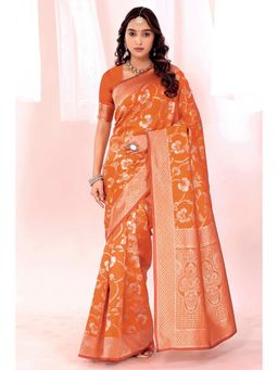 Nyri - New Trendy Silk Blend Banarasi Woven Designer Saree With Unstitched Blouse - Orange