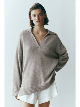 H&M - Women Beige Fine-knit collared jumper