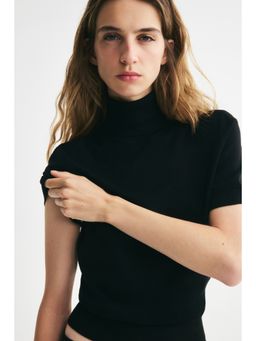 H&M - Women Black Fine-Knit Polo-Neck Top