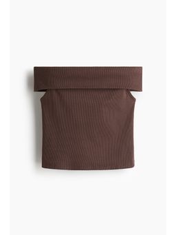 H&M - Women Brown Ribbed Off-The-Shoulder Top